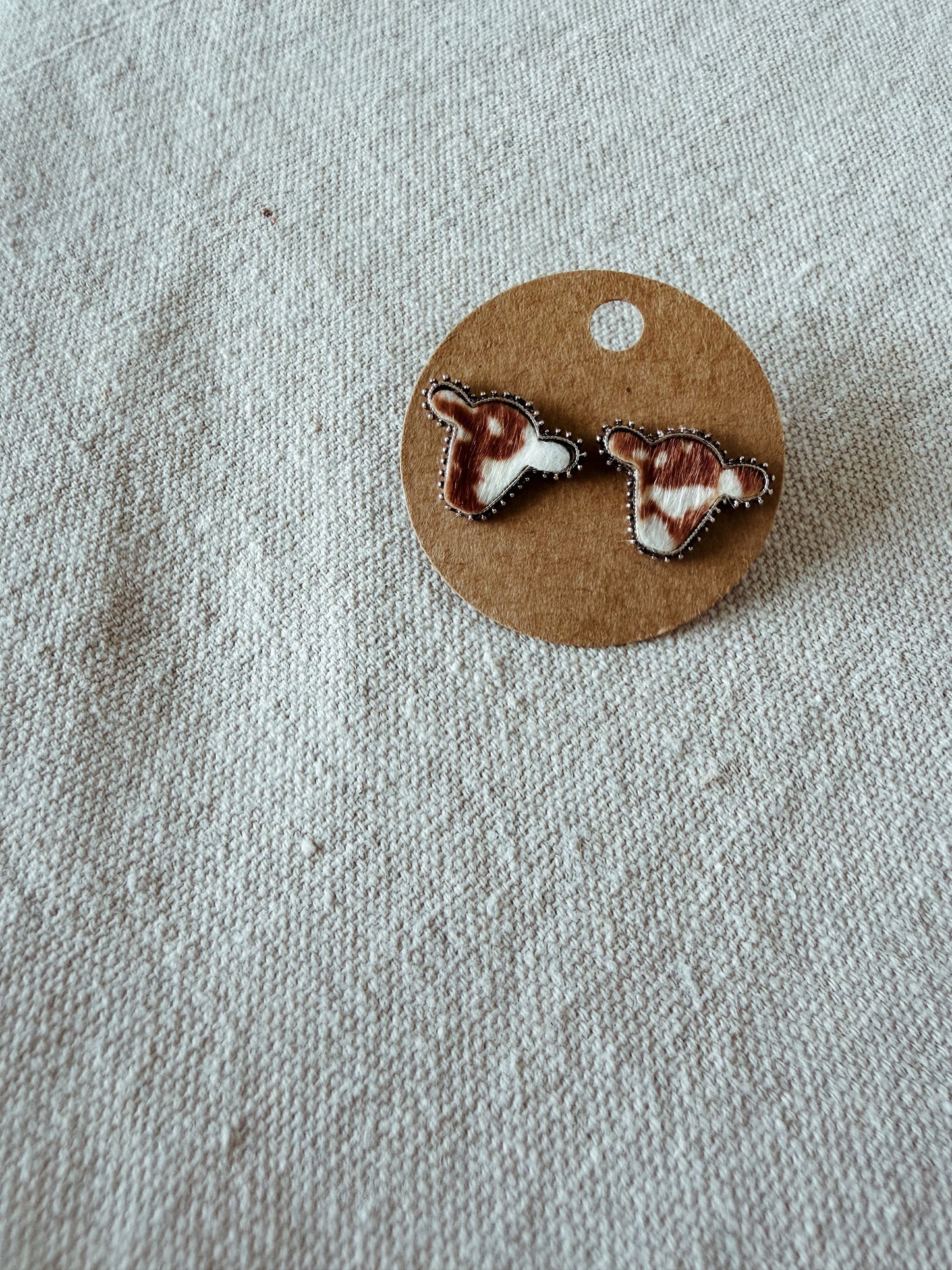 Brown + White Cow - Stud Earring