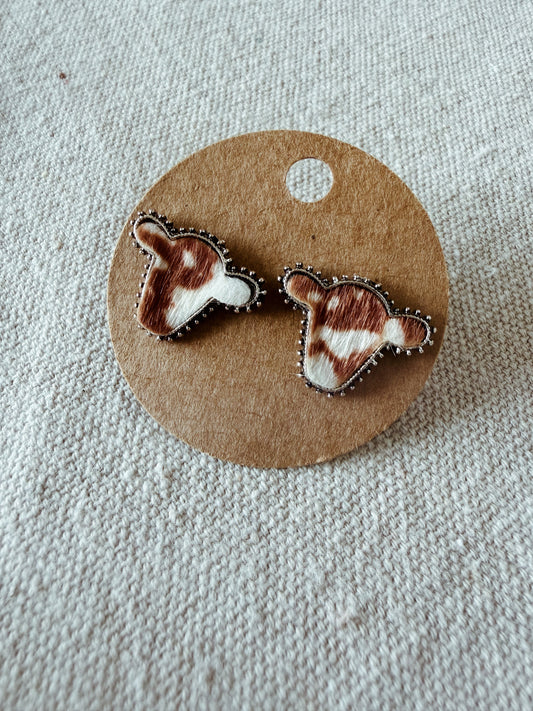 Brown + White Cow - Stud Earring