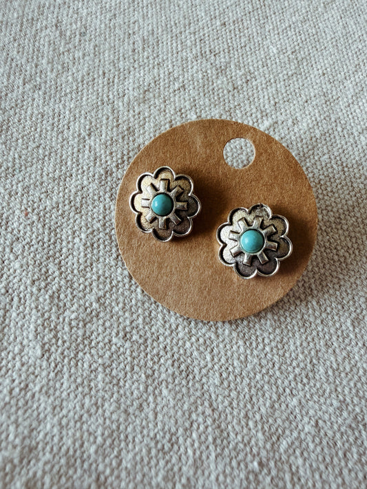 Turquoise Metal Flower - Stud Earring