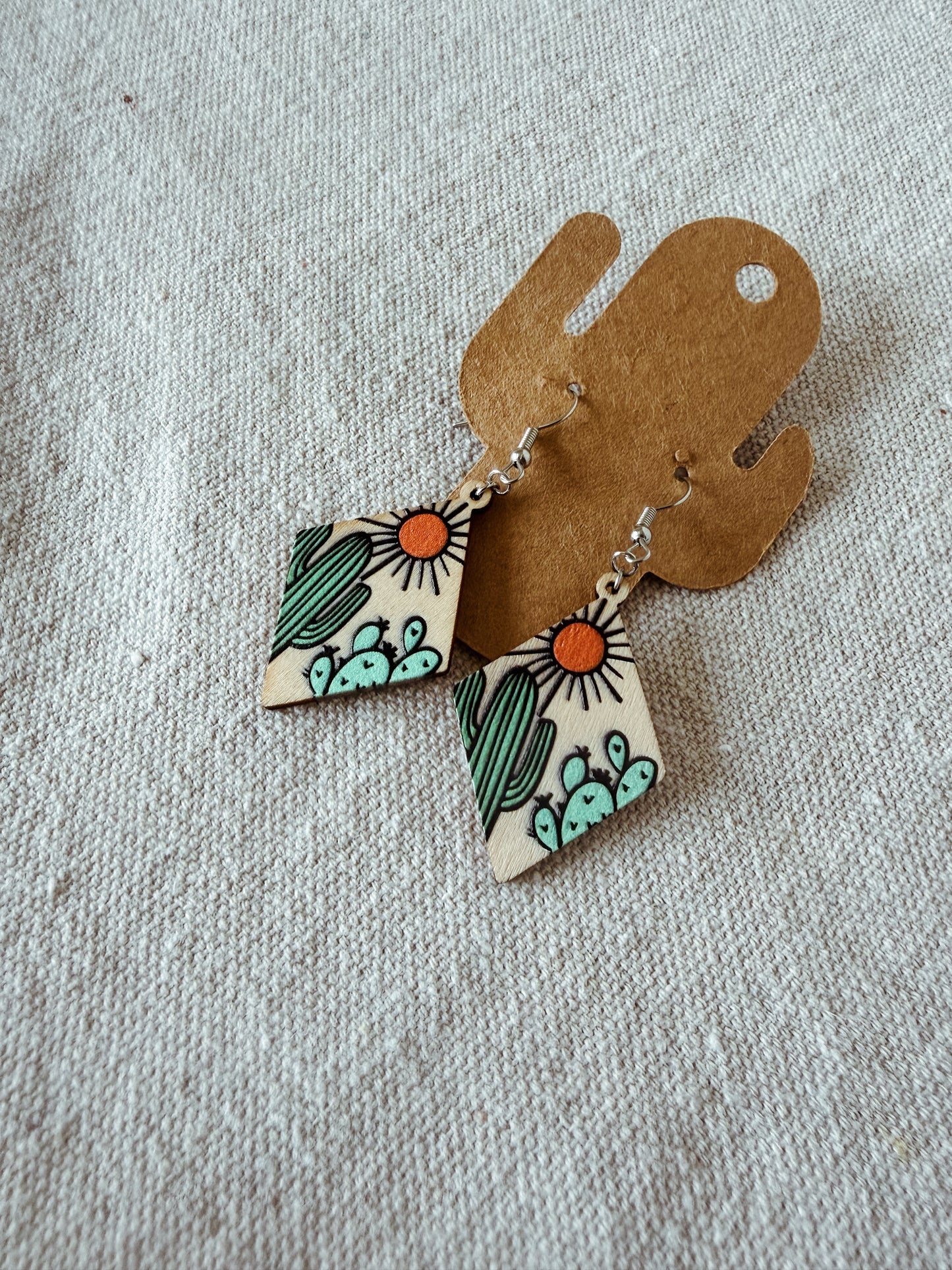 Painted Wooden Cactus Diamonds - Dangle Earring
