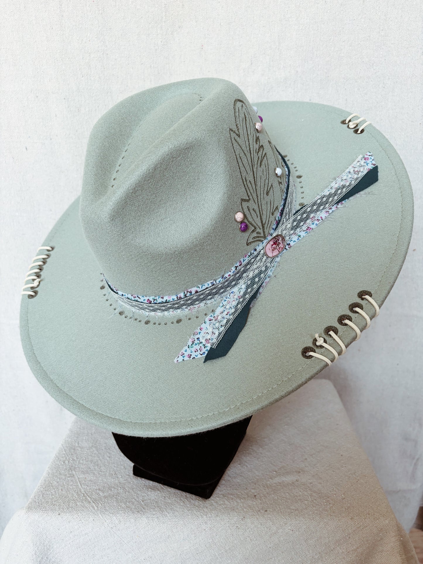 Dusky Blue with Feather and Floral Accents - BBB Hat