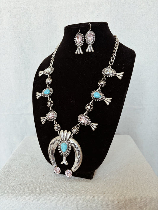 Pink + Turquiose - Statement Necklace + Earring Set