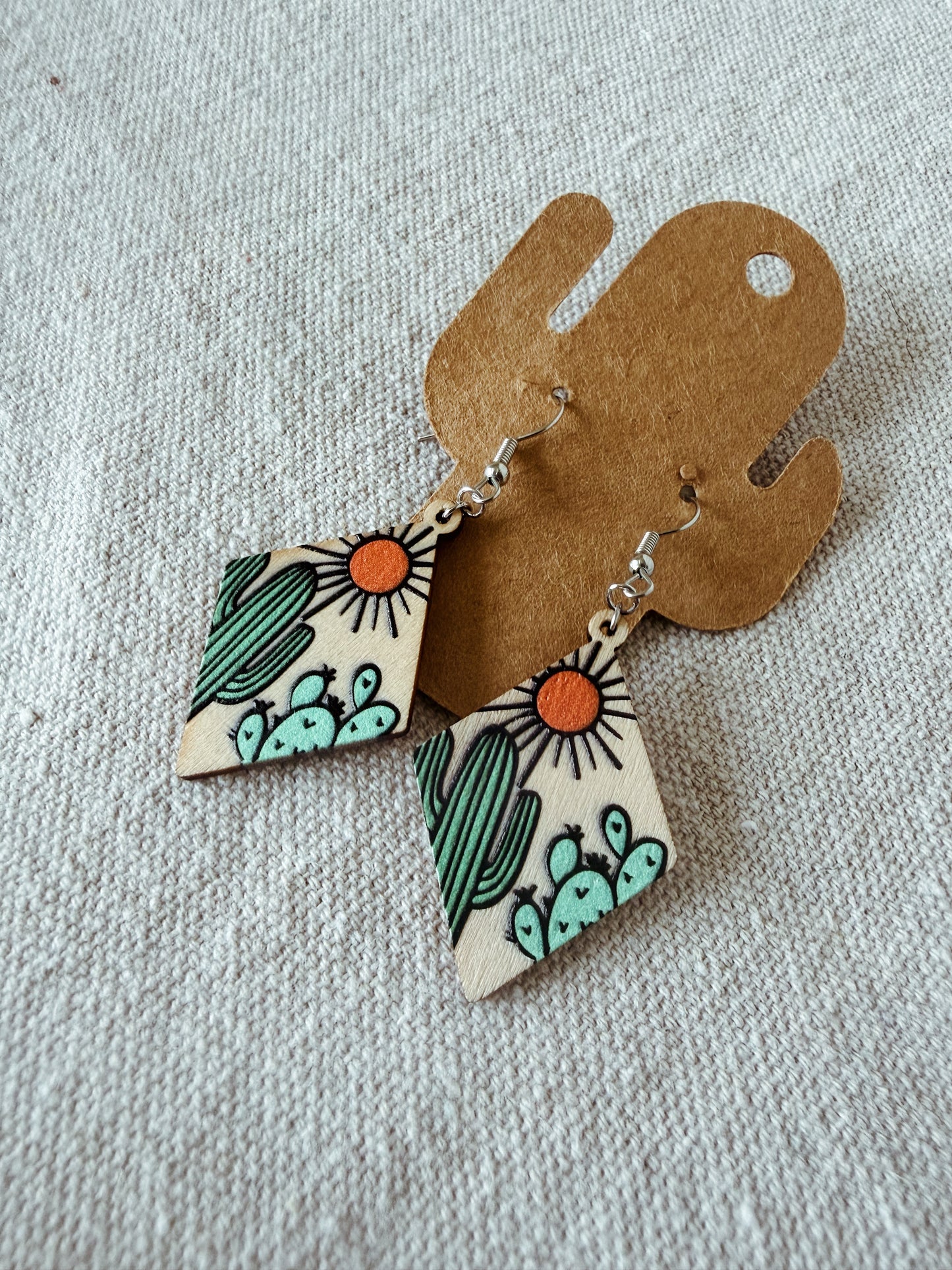 Painted Wooden Cactus Diamonds - Dangle Earring