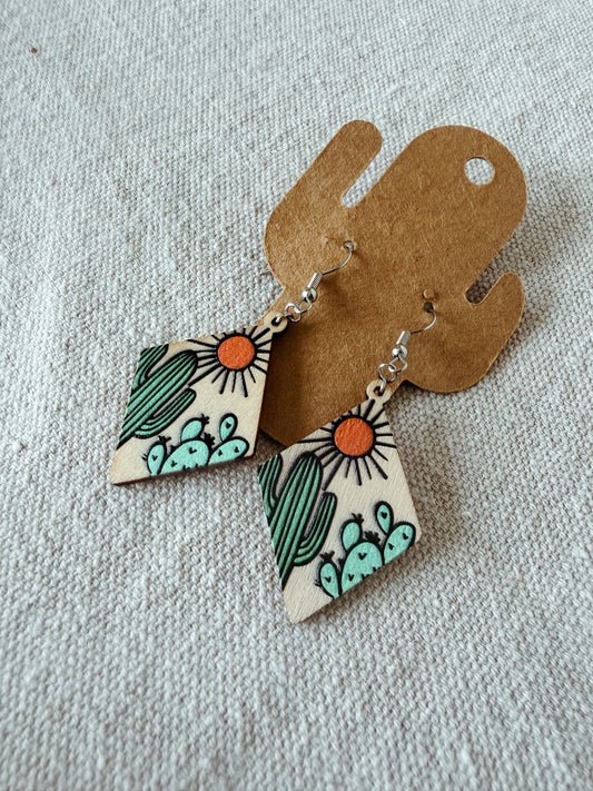 Painted Wooden Cactus Diamonds - Dangle Earring